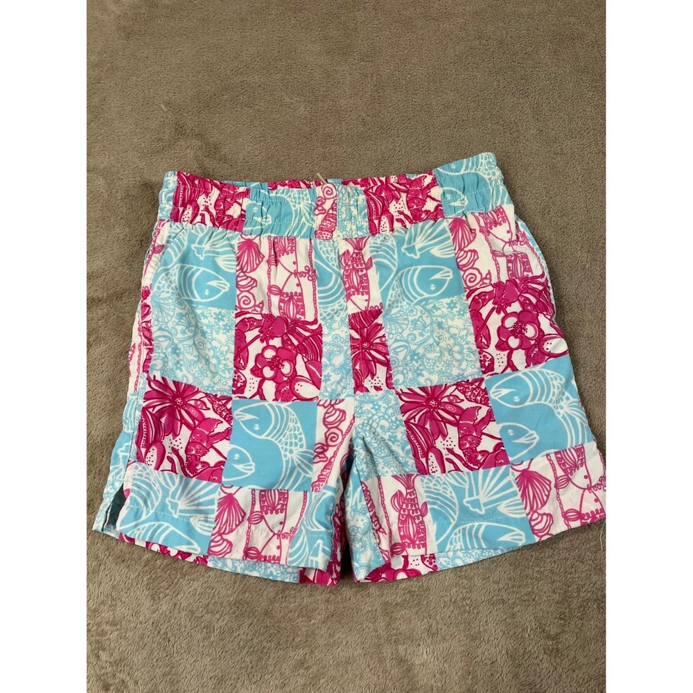 Lilly Pulitzer Pathwork Pockets Shorts Kids Girl Size XS 2-3 Pink/Blue Nylon EUC